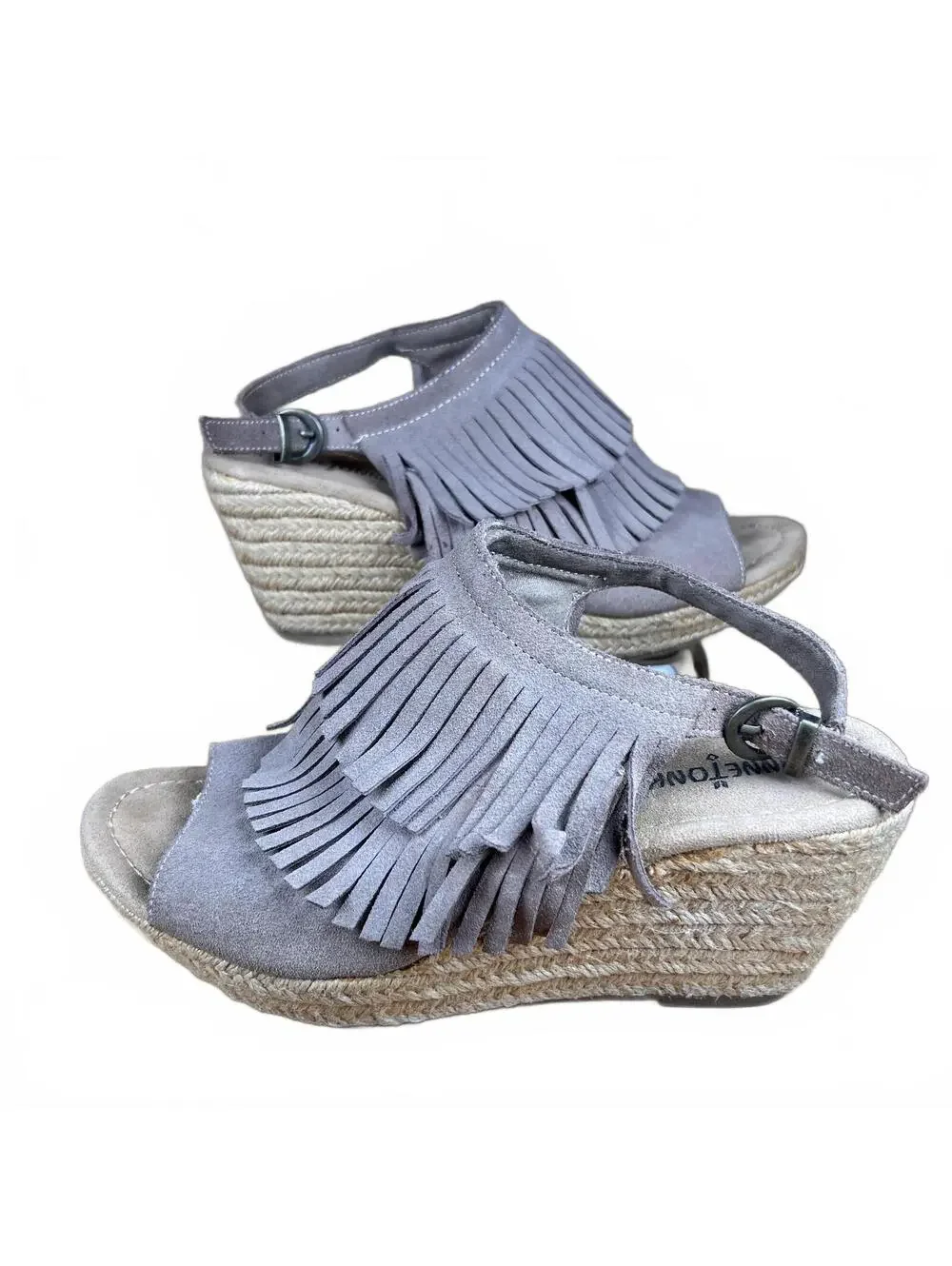 Women's Minnetonka Grey Suede Fringe Wedge Sandals Size 8